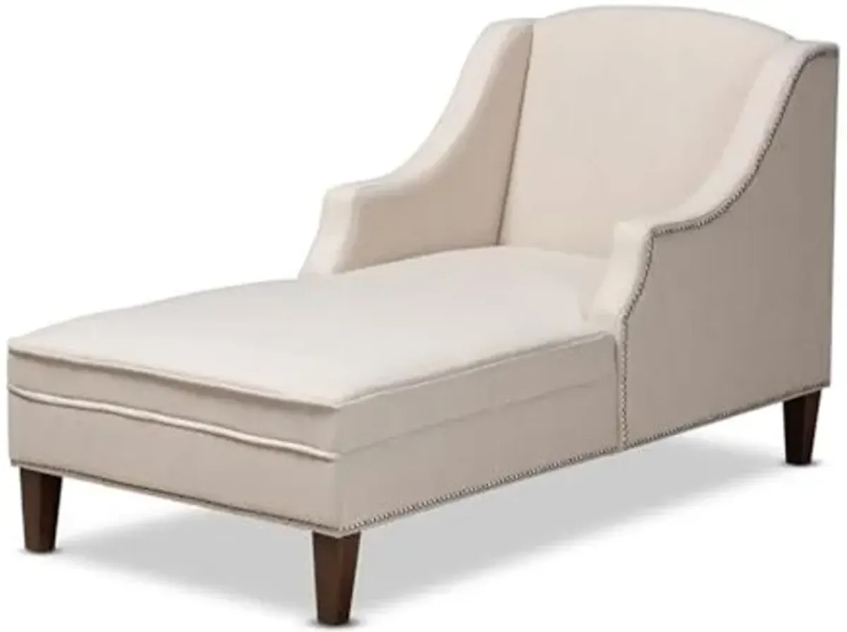 Baxton Studio Leonie Beige Upholstered Brown Finished Chaise Lounge