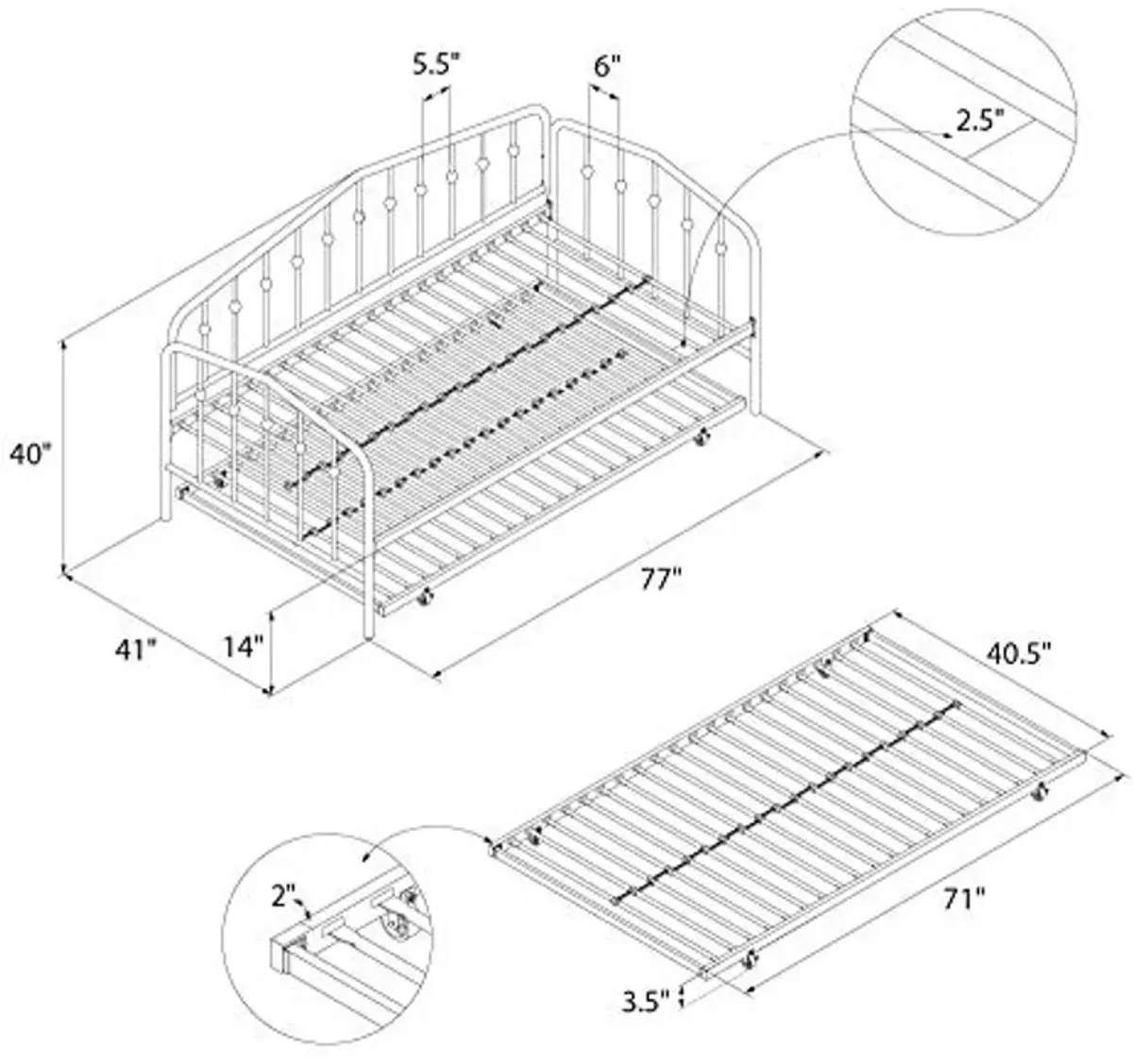 Novogratz Bushwick Metal Daybed & Trundle | Twin Size - Black Daybeds