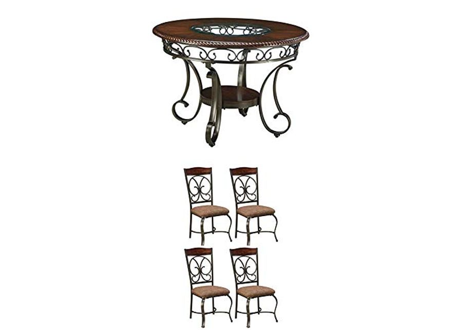 Ashley Furniture Signature Design - Glambrey Dining Room Table - Round - Brown with Glambrey Dining Room Chair Set - Scrolled Metal Accents - Set of 4 - Brown