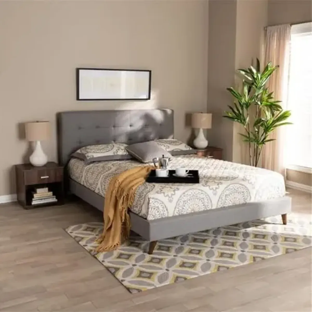 Baxton Studio Queen Size Maren Light Grey Platform Bed with Nightstands