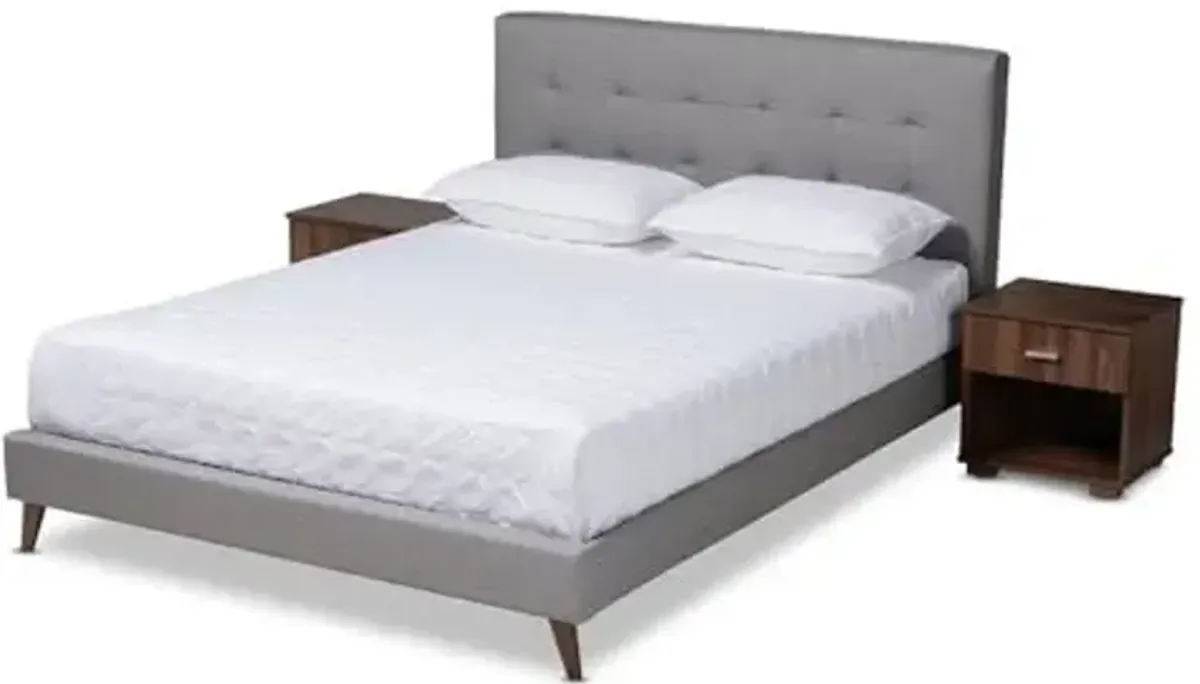Baxton Studio Queen Size Maren Light Grey Platform Bed with Nightstands