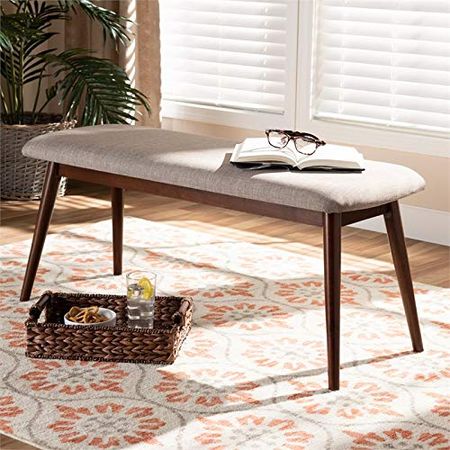 Baxton Studio Flora Upholstered Wood Bench in Light Gray and Walnut