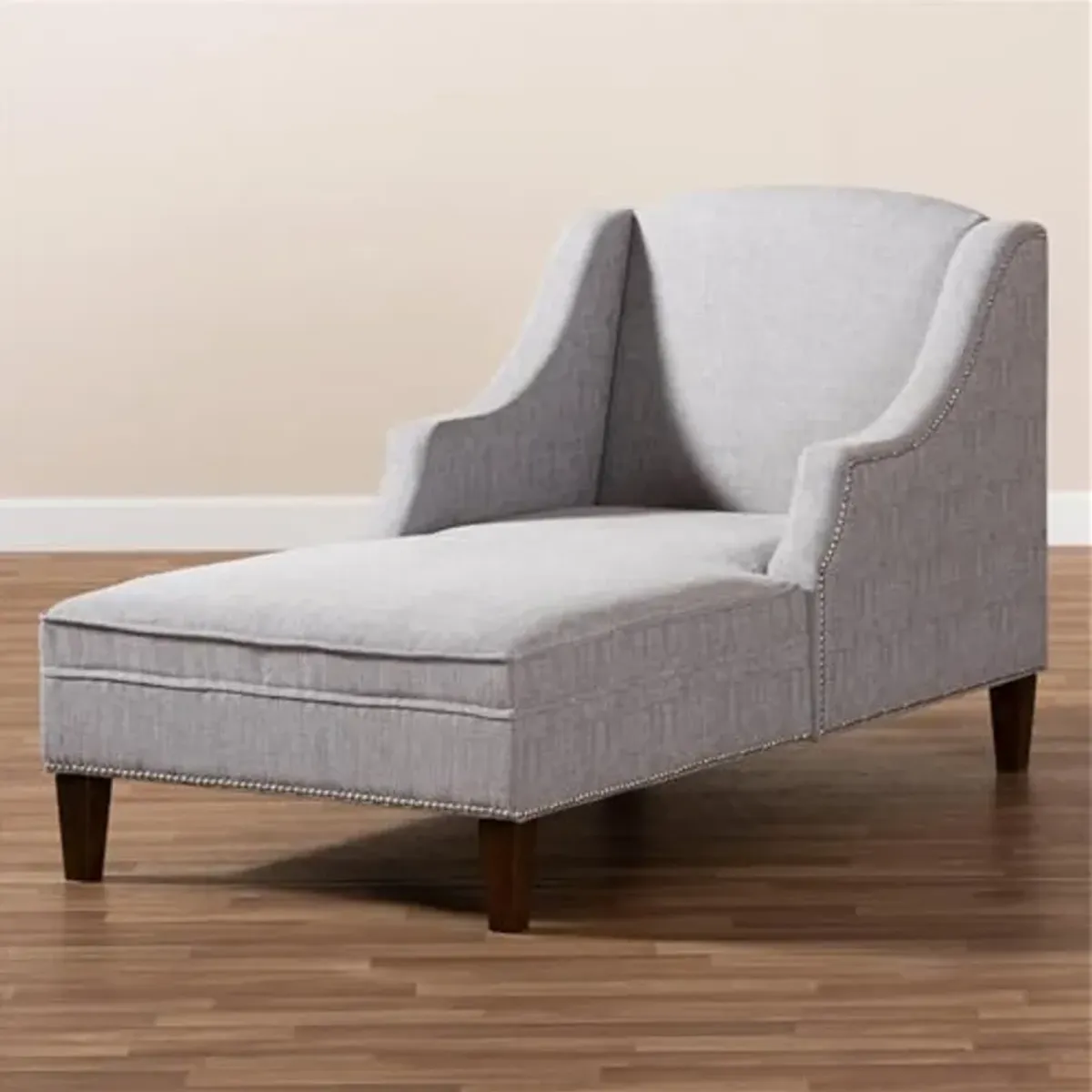 Baxton Studio Leonie Grey Upholstered Brown Finished Chaise Lounge