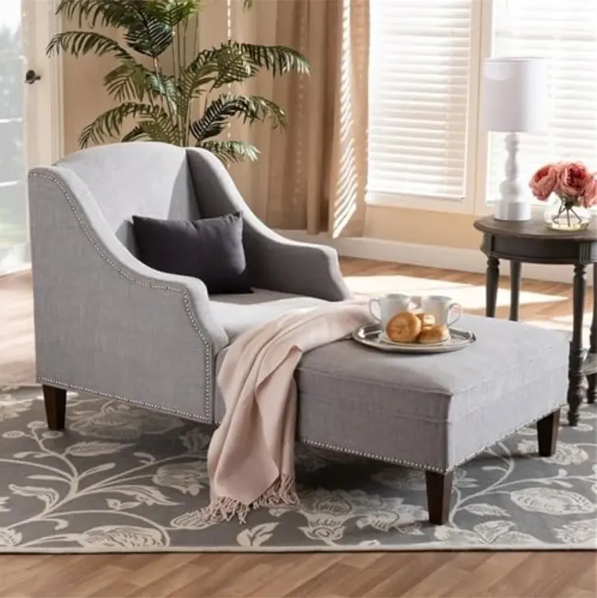 Baxton Studio Leonie Grey Upholstered Brown Finished Chaise Lounge