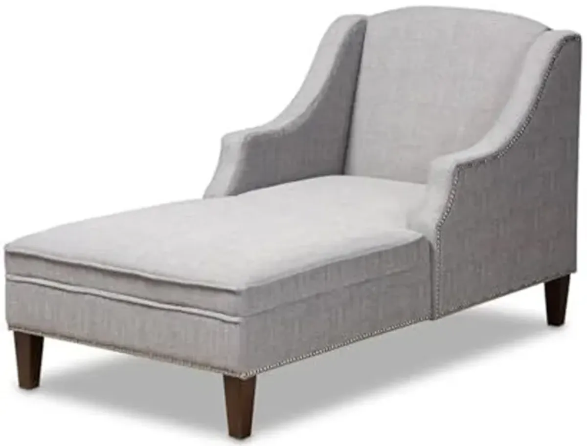 Baxton Studio Leonie Grey Upholstered Brown Finished Chaise Lounge