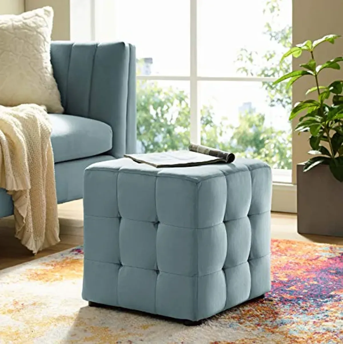 Modway Contour Tufted Button Cube Performance Velvet Ottoman, Light Blue