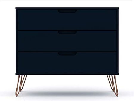 Manhattan Comfort Rockefeller Mid-Century Modern 3 Drawer Bedroom Dresser, Wood, Midnight Blue, 35.24 Inches