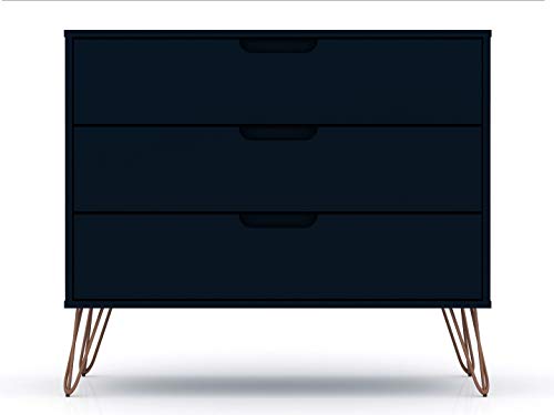 Manhattan Comfort Rockefeller Mid-Century Modern 3 Drawer Bedroom Dresser, Wood, Midnight Blue, 35.24 Inches