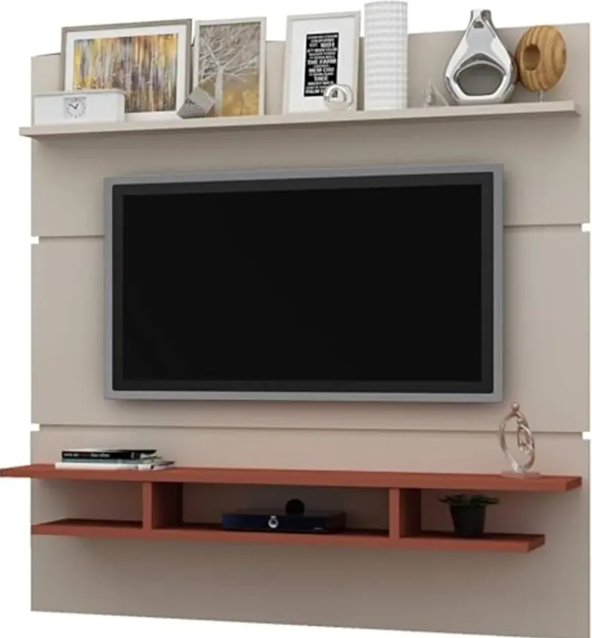 Manhattan Comfort Tribeca Mid-Century Modern Floating Entertainment Center with Décor Shelves, 62.99", Off White/Terra Orange Pink