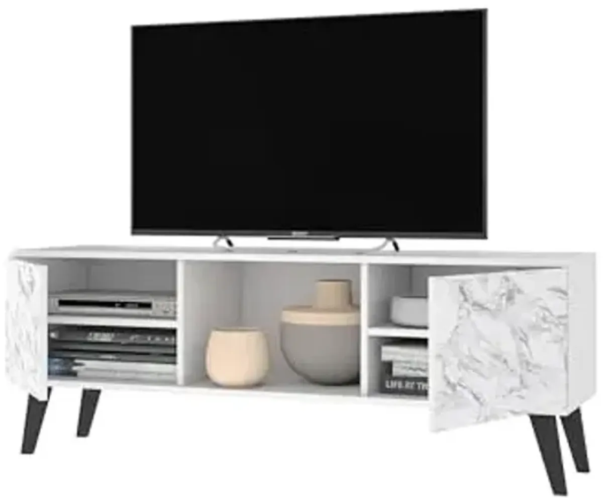 Manhattan Comfort Doyers 53.15" Mid Century TV Stand for Bedroom and Living Room Use, Entertainment Center with Storage, Shelf and Soft Close Doors, Ideal for 50 Inch Screens, White/Marble