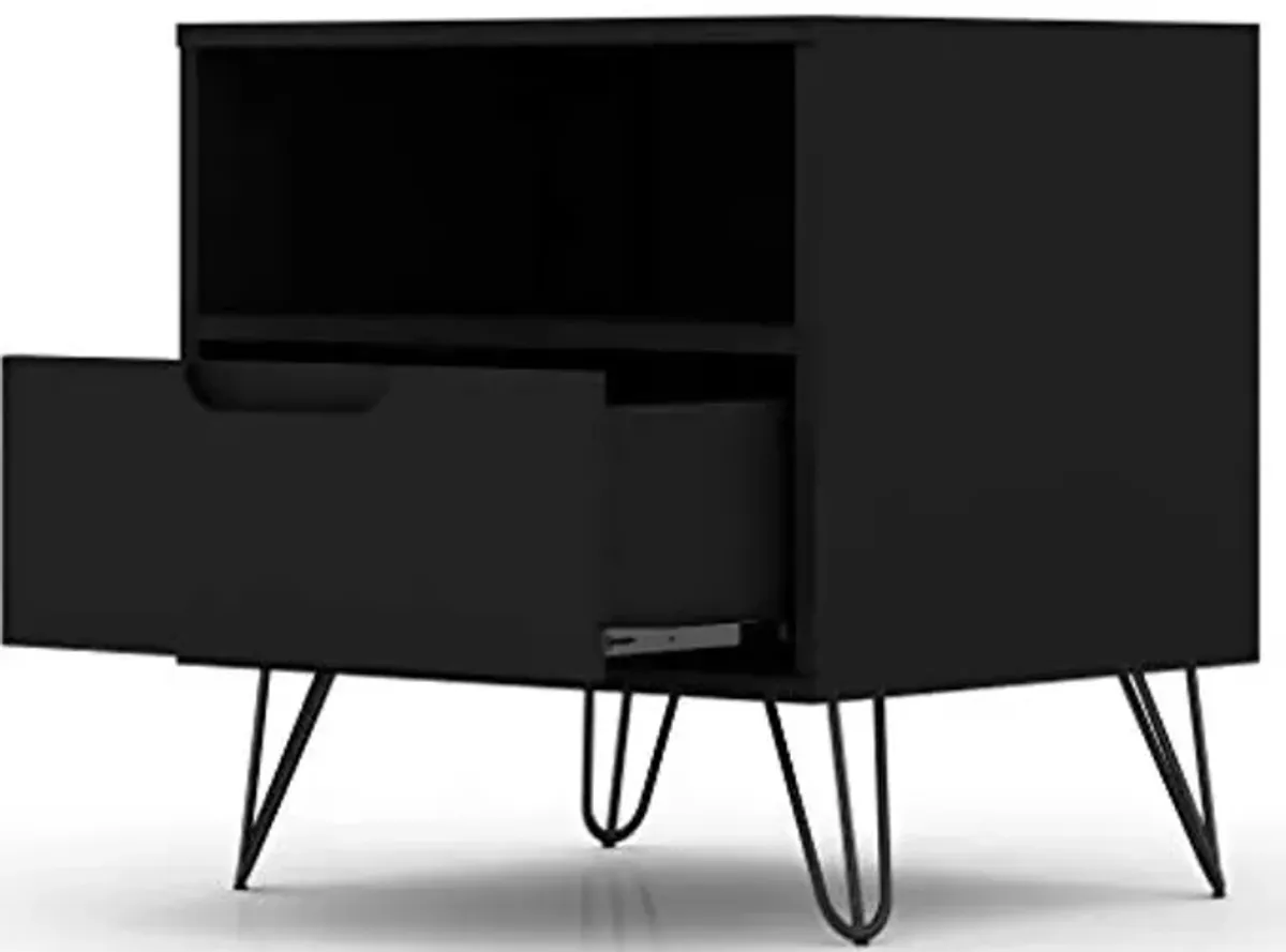 Manhattan Comfort Rockefeller Nightstand with Drawer and Cubby, Mid Century Modern Bedside Table, Minimalist Display and Storage Organizer, Ideal for Bedroom and Living Room, Black