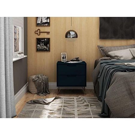 Manhattan Comfort Rockefeller Mid-Century Modern 2 Drawer Bedroom Nightstand, 20.08", Midnight Blue