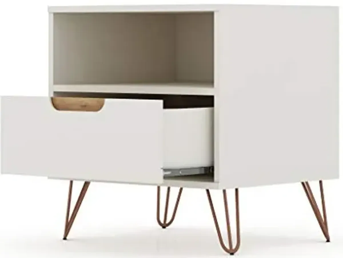 Manhattan Comfort Rockefeller Nightstand with Drawer and Cubby, Mid Century Modern Bedside Table, Minimalist Display and Storage Organizer, Ideal for Bedroom and Living Room, Off White/Nature