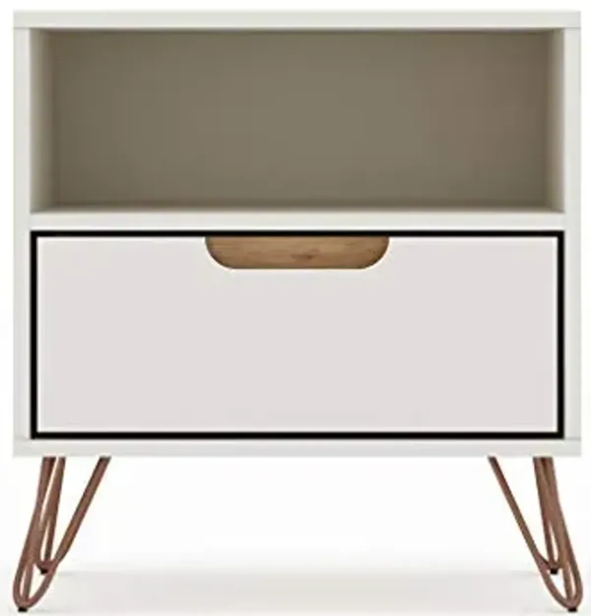 Manhattan Comfort Rockefeller Nightstand with Drawer and Cubby, Mid Century Modern Bedside Table, Minimalist Display and Storage Organizer, Ideal for Bedroom and Living Room, Off White/Nature