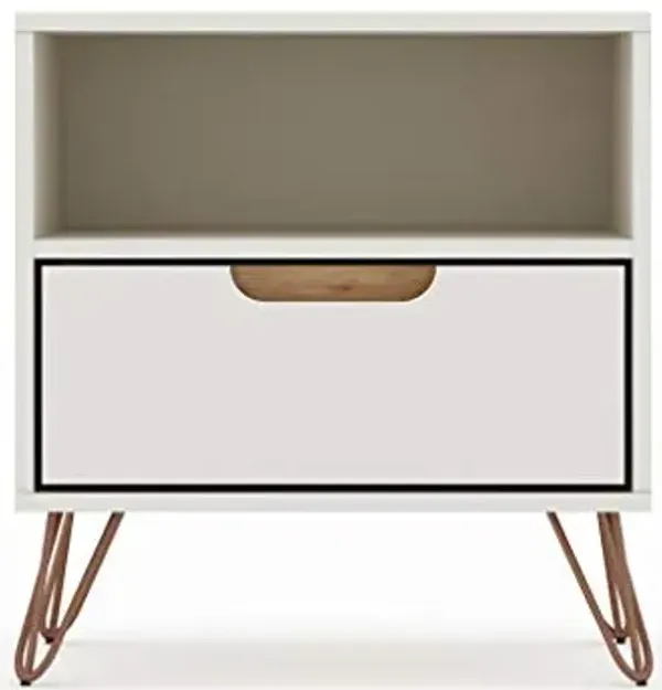 Manhattan Comfort Rockefeller Nightstand with Drawer and Cubby, Mid Century Modern Bedside Table, Minimalist Display and Storage Organizer, Ideal for Bedroom and Living Room, Off White/Nature