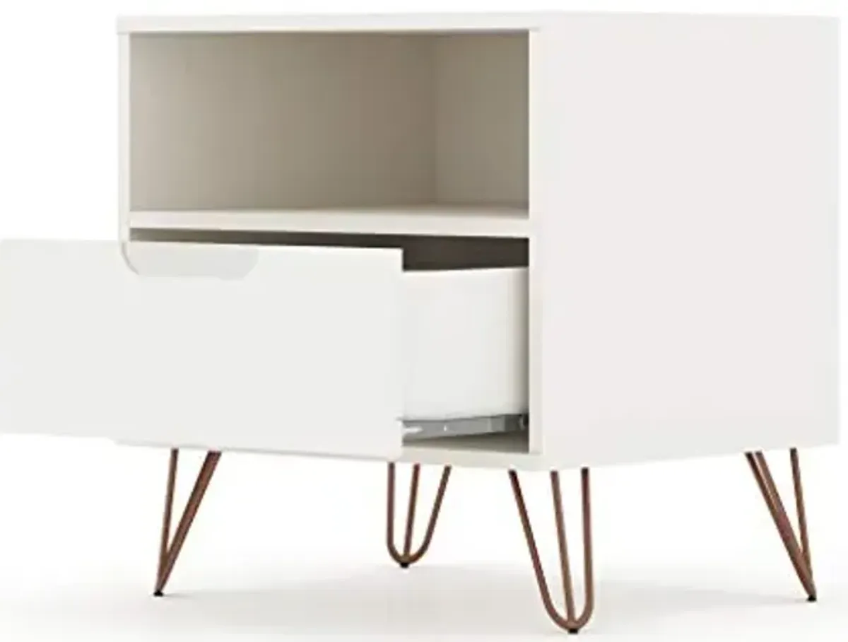 Manhattan Comfort Rockefeller Nightstand with Drawer and Cubby, Mid Century Modern Bedside Table, Minimalist Display and Storage Organizer, Ideal for Bedroom and Living Room, Off-white