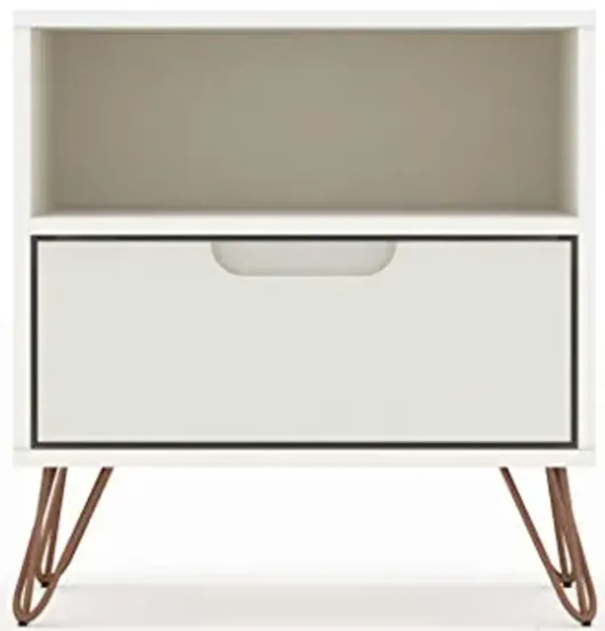 Manhattan Comfort Rockefeller Nightstand with Drawer and Cubby, Mid Century Modern Bedside Table, Minimalist Display and Storage Organizer, Ideal for Bedroom and Living Room, Off-white