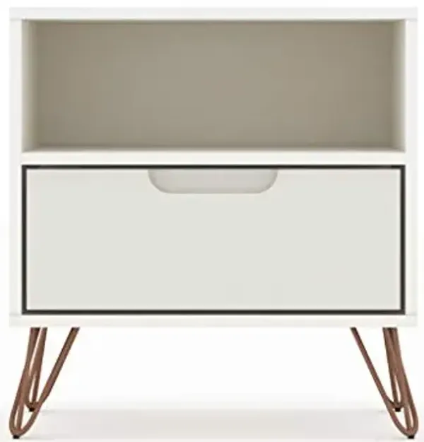Manhattan Comfort Rockefeller Nightstand with Drawer and Cubby, Mid Century Modern Bedside Table, Minimalist Display and Storage Organizer, Ideal for Bedroom and Living Room, Off-white