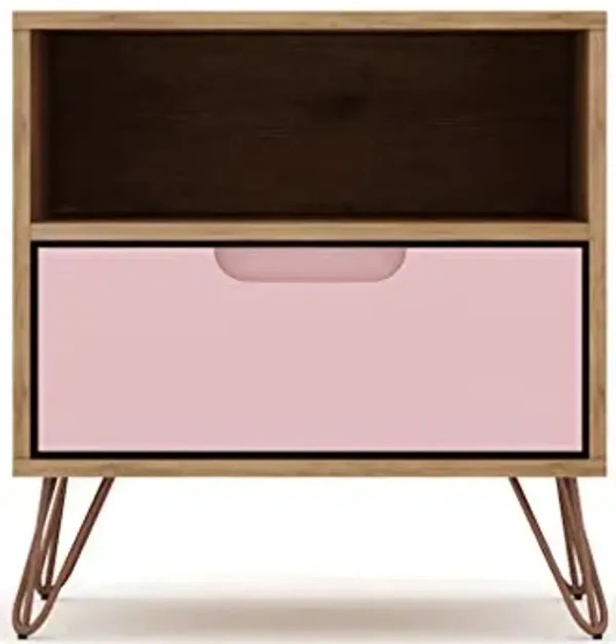 Manhattan Comfort Rockefeller Nightstand with Drawer and Cubby, Mid Century Modern Bedside Table, Minimalist Display and Storage Organizer, Ideal for Bedroom and Living Room, Nature/Rose Pink