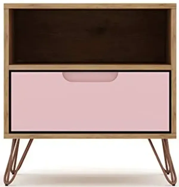 Manhattan Comfort Rockefeller Nightstand with Drawer and Cubby, Mid Century Modern Bedside Table, Minimalist Display and Storage Organizer, Ideal for Bedroom and Living Room, Nature/Rose Pink