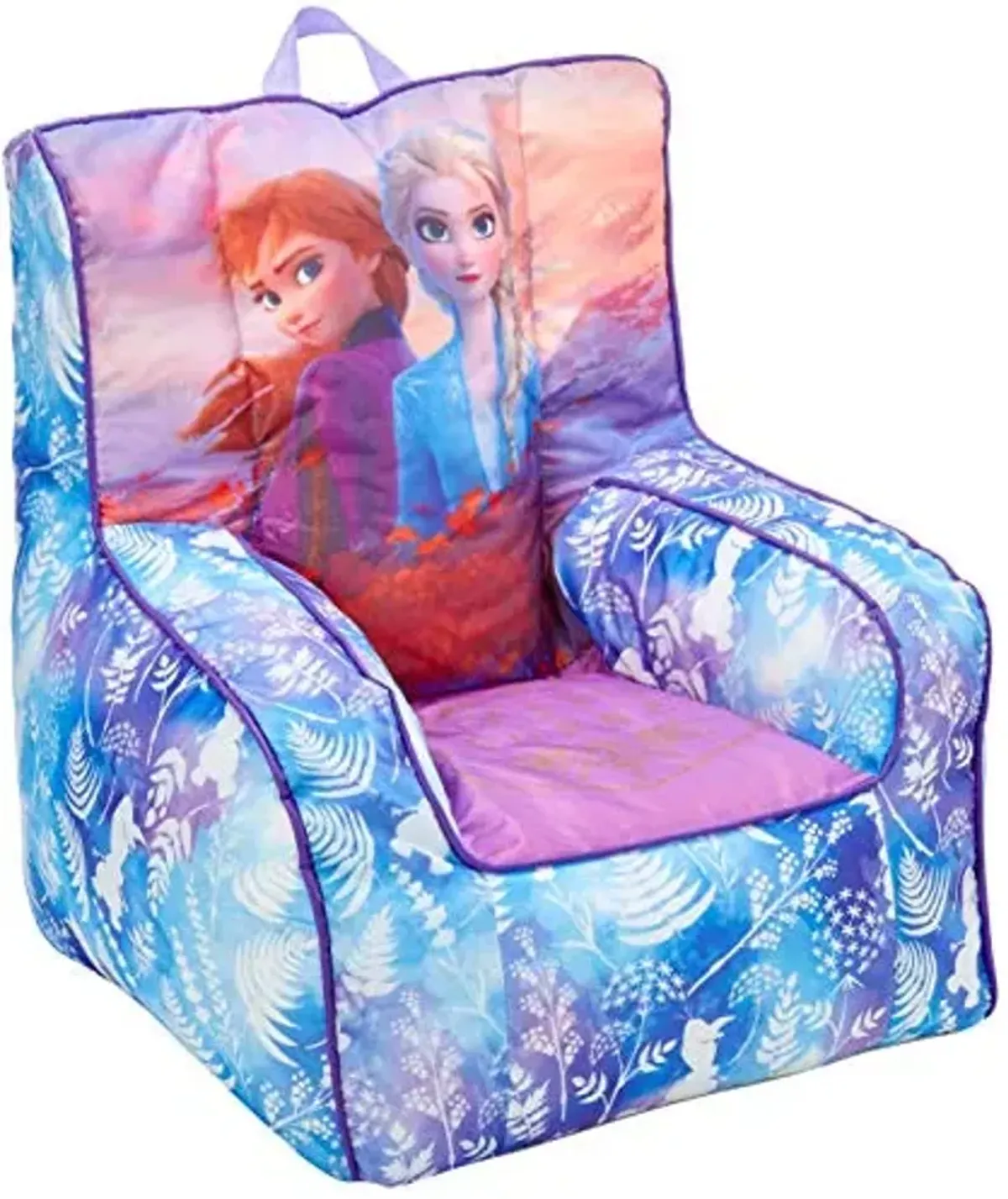 Idea Nuova Frozen 2 Kids Nylon Bean Bag Chair with Piping & Top Carry Handle with Olaf Graphics, Anna & Elsa, Purple, Large