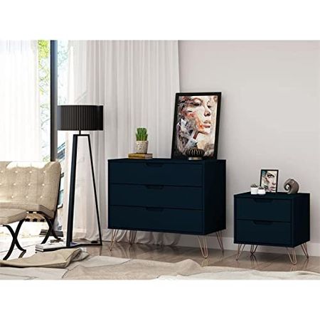 Manhattan Comfort Rockefeller Mid-Century Modern 3 Drawer Bedroom Dresser with Nightstand, Set of 2, Midnight Blue
