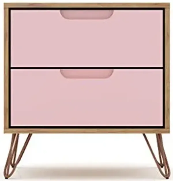 Manhattan Comfort Rockefeller Nightstand with Drawers, Mid Century Modern Bedside Table, Minimalist Display and Storage Organizer, Ideal for Bedroom and Living Room, Nature/Rose Pink