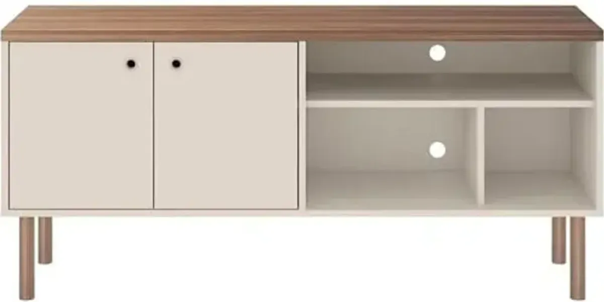 Manhattan Comfort Windsor Modern TV Stand with Media Shelves and Solid Wood Legs, 53.54", Off White/Nature