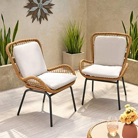 Alice Outdoor Wicker Club Chair with Cushions (Set of 2), Light Brown and Beige