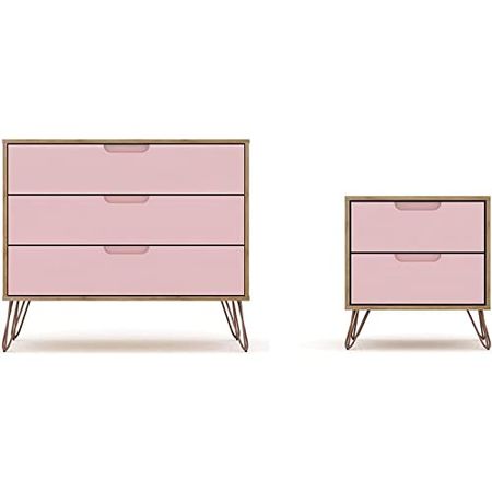 Manhattan Comfort Rockefeller Mid-Century Modern 3 Drawer Bedroom Dresser with Nightstand, Set of 2, Nature/Rose Pink