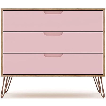 Manhattan Comfort Rockefeller Mid-Century Modern 3-Drawer Bedroom Dresser, Natural, Rose Pink Finish