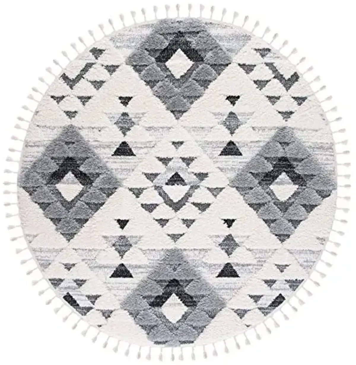 SAFAVIEH Moroccan Tassel Shag Collection Area Rug - 6'7" Round, Ivory & Grey, Boho Design, Non-Shedding & Easy Care, 2-inch Thick Ideal for High Traffic Areas in Living Room, Bedroom (MTS688F)