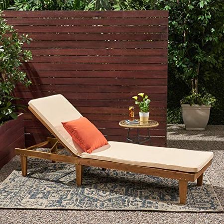 Great Deal Furniture Yvette Outdoor Acacia Wood Chaise Lounge and Cushion Set, Teak and Cream