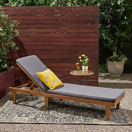 Great Deal Furniture Yvette Outdoor Acacia Wood Chaise Lounge and Cushion Set, Teak and Dark Gray
