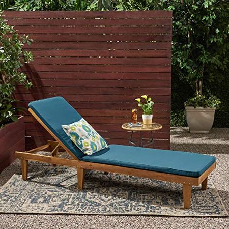 Great Deal Furniture Yvette Outdoor Acacia Wood Chaise Lounge and Cushion Set, Teak and Blue