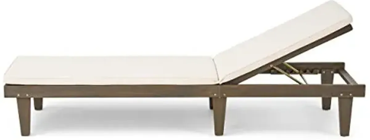 GDFStudio Great Deal Furniture Outdoor Acacia Wood Chaise Lounge and Cushion Set, Gray and Cream