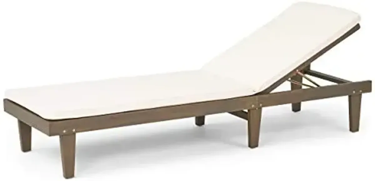 GDFStudio Great Deal Furniture Outdoor Acacia Wood Chaise Lounge and Cushion Set, Gray and Cream