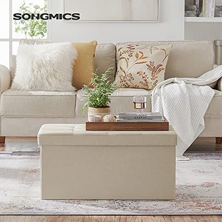 SONGMICS 30 Inches Folding Storage Ottoman Bench, Storage Chest, Foot Rest Stool, Bedroom Bench with Storage, Holds up to 660 lb, Beige ULSF47BE