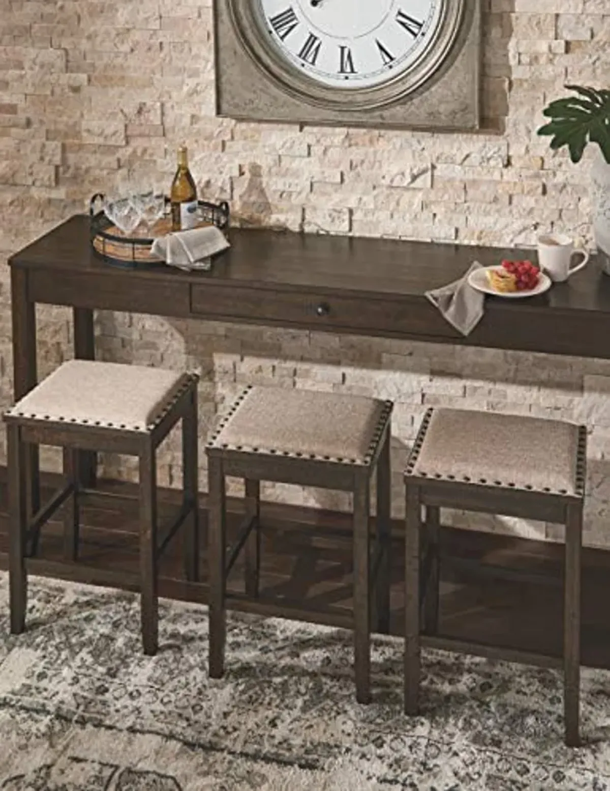 Signature Design by Ashley Rokane Urban Farmhouse 25" Counter Height Dining Room Table Set with 3 Bar Stools, Brown