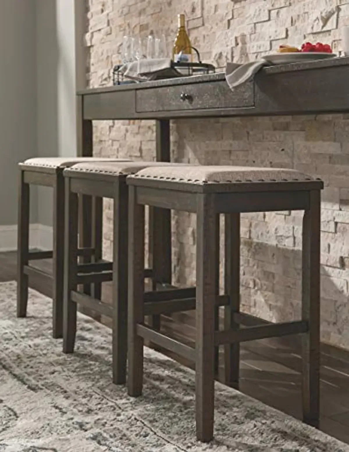 Signature Design by Ashley Rokane Urban Farmhouse 25" Counter Height Dining Room Table Set with 3 Bar Stools, Brown