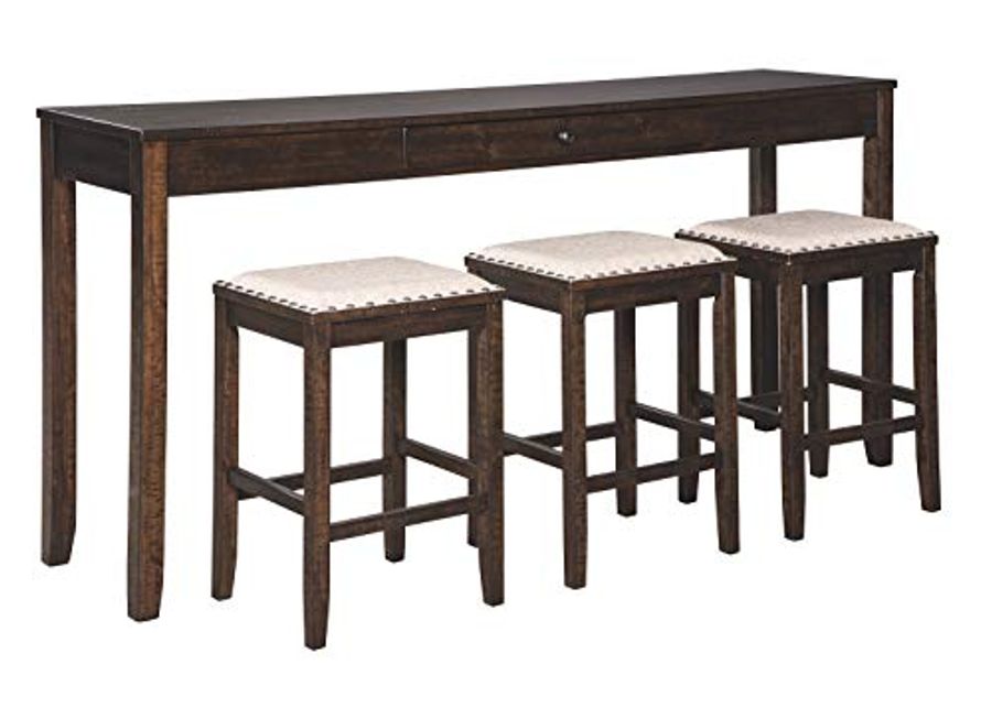 Signature Design by Ashley Rokane Urban Farmhouse 25" Counter Height Dining Room Table Set with 3 Bar Stools, Brown