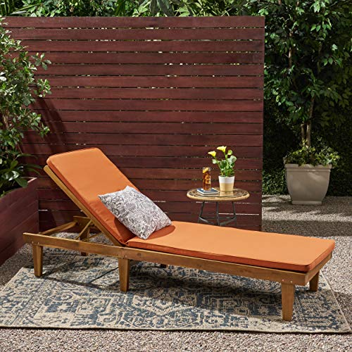 Great Deal Furniture Yvette Outdoor Acacia Wood Chaise Lounge and Cushion Set, Teak and Rust Orange