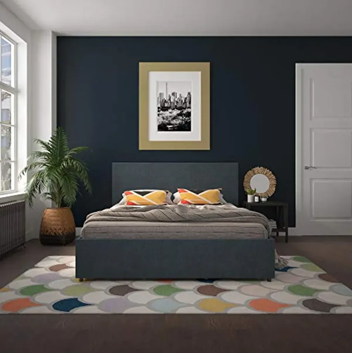 Novogratz Kelly Upholstered Storage Bed Frame, Queen, Dark Blue Linen