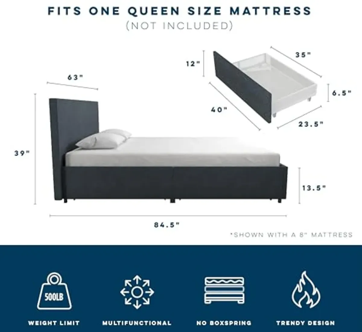 Novogratz Kelly Upholstered Storage Bed Frame, Queen, Dark Blue Linen