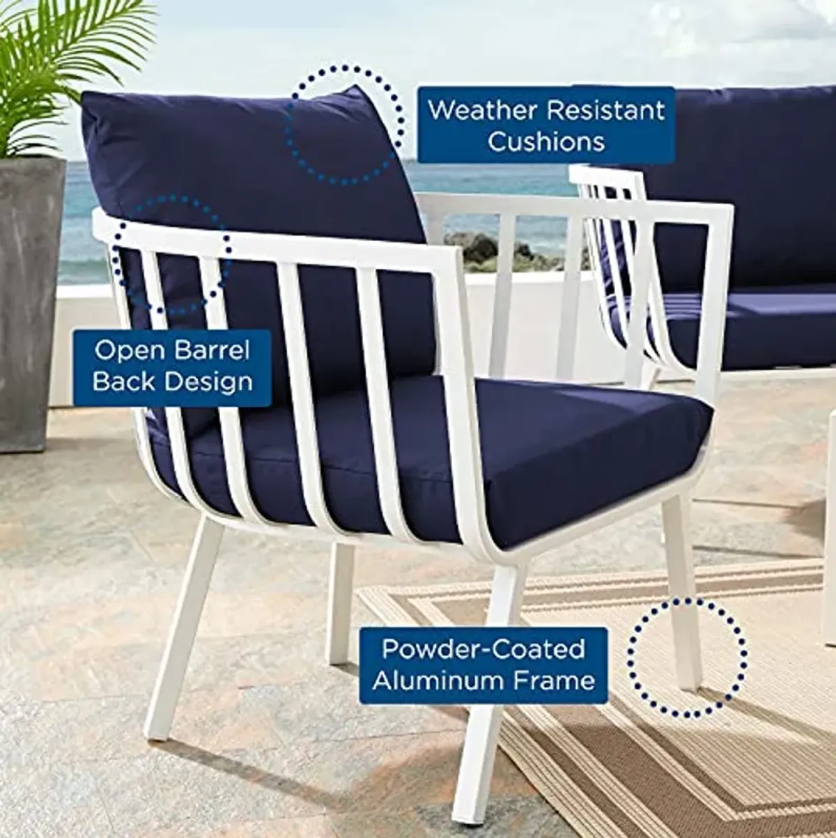 Modway Riverside Outdoor Furniture, Armchair, White Navy