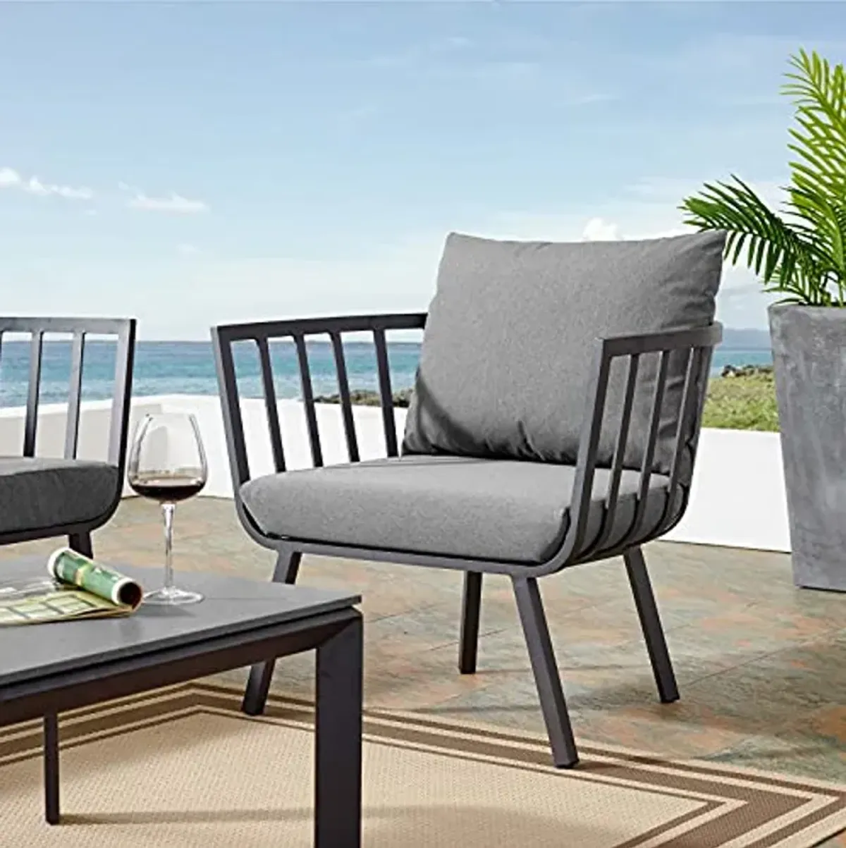 Modway Riverside Patio Aluminum Armchair Charcoal Outdoor Furniture, Gray Charcoa