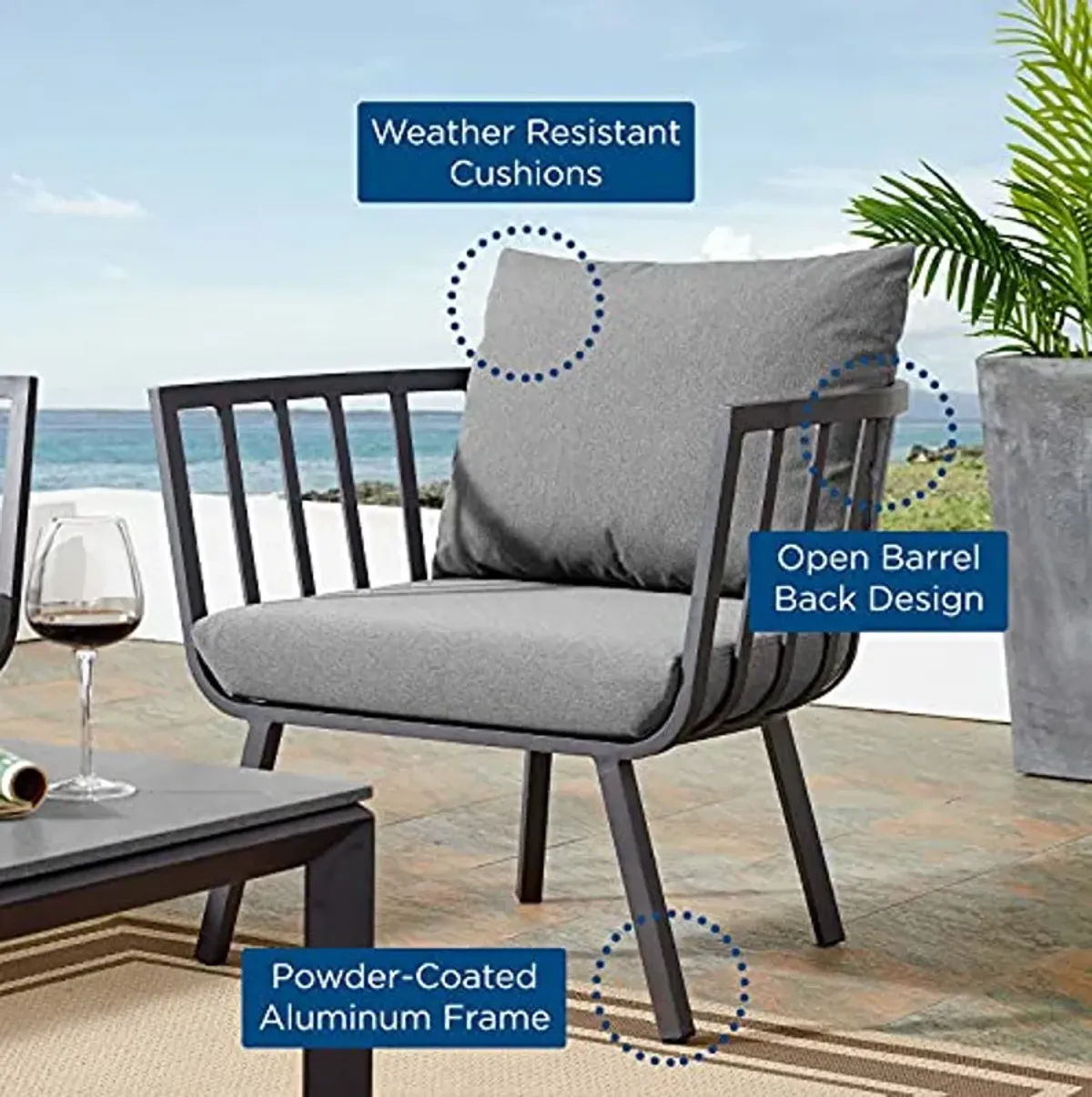 Modway Riverside Patio Aluminum Armchair Charcoal Outdoor Furniture, Gray Charcoa