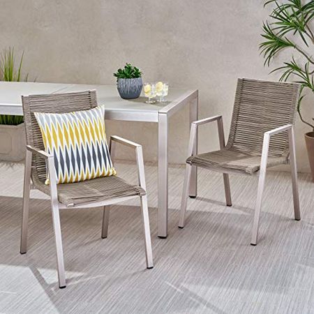 Elma Outdoor Modern Aluminum Dining Chair with Rope Seat (Set of 2), Silver and Taupe