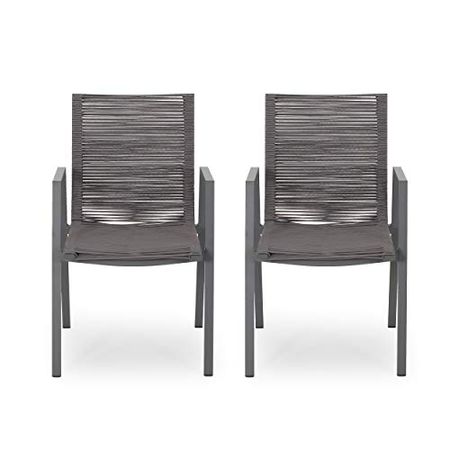 Elma Outdoor Modern Aluminum Dining Chair with Rope Seat (Set of 2), Gray and Dark Gray