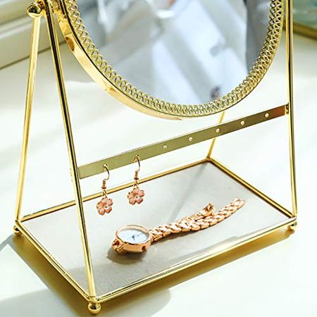 Makeup Mirror Gold Decorative Makeup Vanity Mirror Makeup Organizer Cosmetic Mirror Table Standing Rotation Mirror with Jewelry Tray Earrings Holder